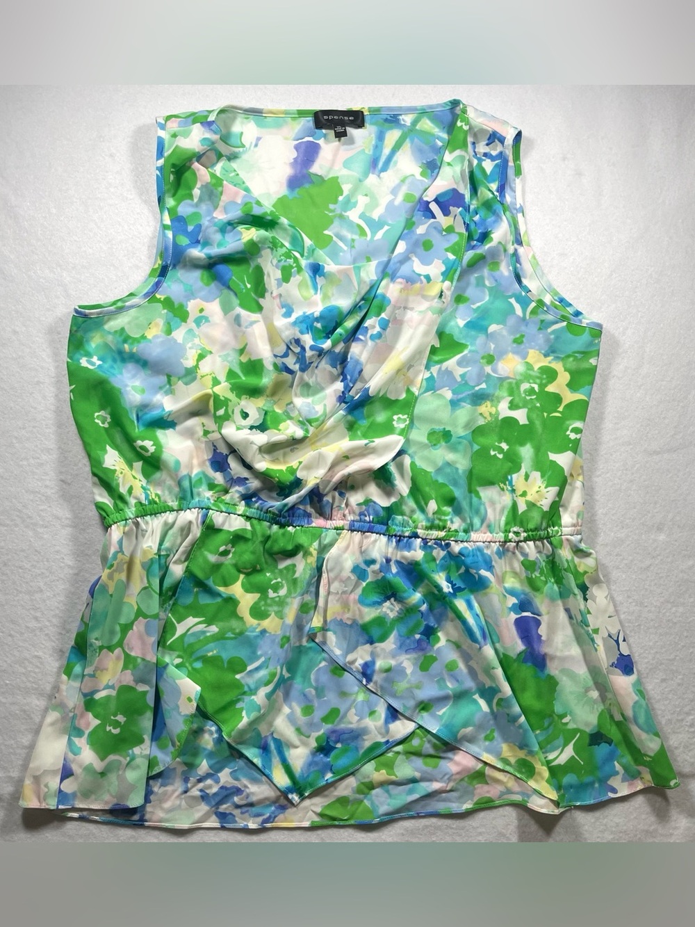 Spense Women's Floral‎ Sleeveless Faux Wrap Blouse XL Blue Green Peplum Top